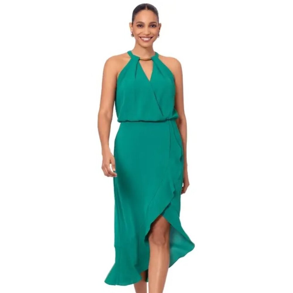 XSCAPE Women's Crepe Halter-Neck High-Low Midi Dress Green Size 8